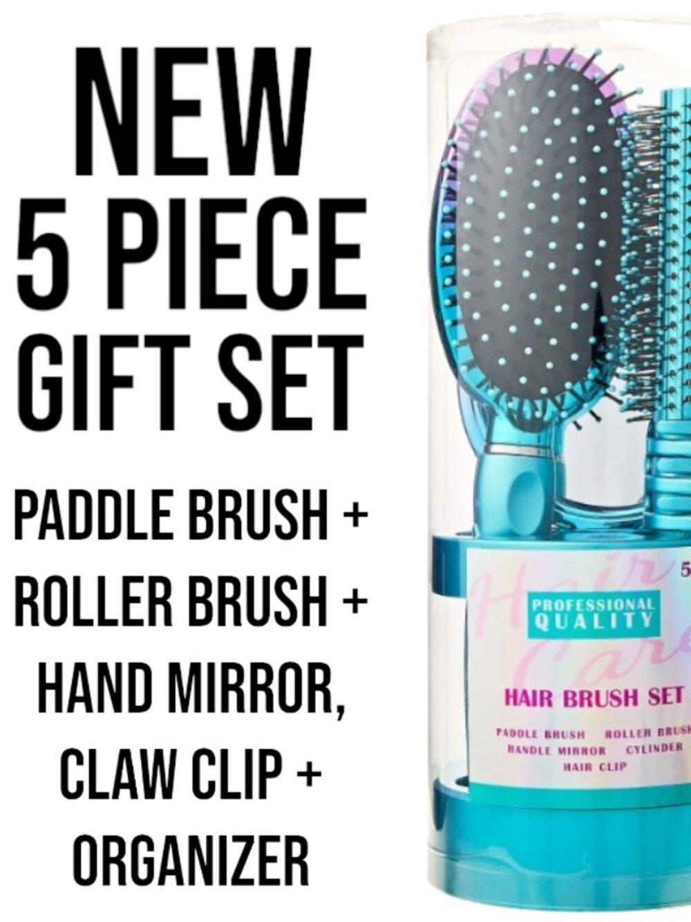 NEW 5-Piece Hairbrush Brush Set Hand Mirror Beauty Brushes Blue Easter Basket St